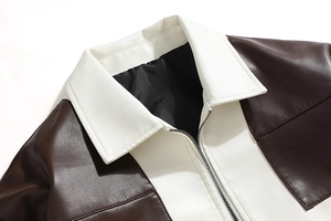 Giacca da uomo ampia in pelle PU con pannelli a contrasto bianco marrone e zip in metallo