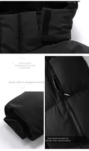 Detail of windproof collar, elastic storm cuffs, and secure zipper pockets on black coat