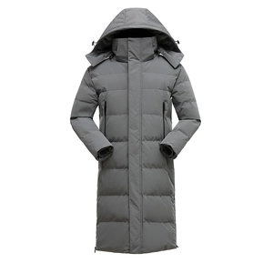 Men's and women's long hooded winter puffer coat with quilted panels in dark grey color