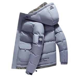 Men's pale blue hooded winter jacket with horizontal quilting and camo lining detail
