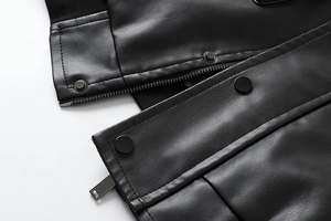 Close-up of black PU leather jacket details with high-quality snaps and metal zipper
