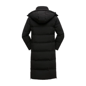 Unisex black long hooded puffer jacket with warm horizontal quilting and matte finish