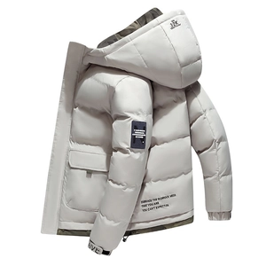 Men's winter padded parka jacket in beige with camouflage lining and hood detail