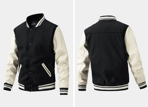 Front and back views of an American varsity jacket with PU leather sleeves and striped cuffs