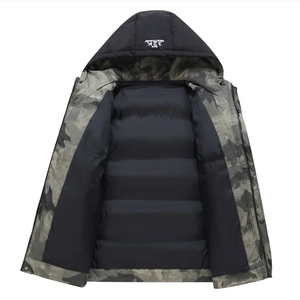 Men's winter hooded camouflage puffer jacket with warm black quilted lining and prints