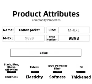 Size chart and fabric details for men baseball collar padded jacket M-8XL