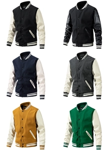 Detail view of stylish men's varsity jacket showing various color options and contrast sleeves
