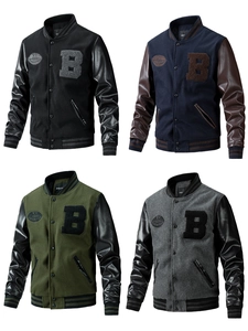 Close-up of wool and faux leather textures on varsity jackets with embroidered patches
