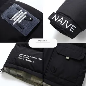 Men's winter hooded parka jacket in black with detailed embroidery and adjustable cuffs