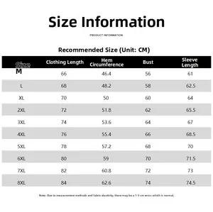 Size chart for men's winter jacket from size M to 8XL with precise measurements