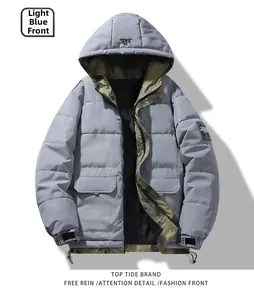 Detail showing high collar hooded winter parka with camo lining and top tide brand logo