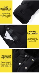 Detail view of adjustable cuffs, cargo pockets, and windproof high collar on winter parka