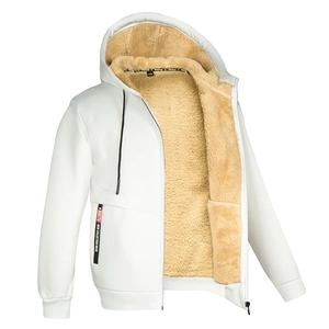 Men's white zip-up fleece-lined hoodie with warm sherpa lining and ribbed cuffs