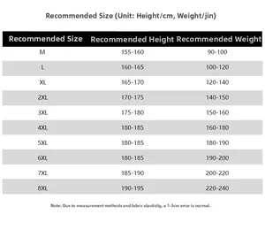 Size chart for men cotton padded jacket showing measurements from M to 8XL plus sizes