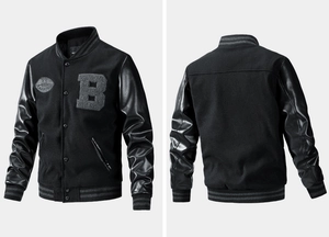 Detail view of wool baseball jacket with faux leather sleeves and letter B patch