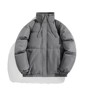 Minimalist dark grey stand collar padded jacket with drawstring and elastic cuffs