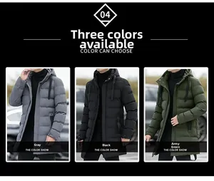 Men's winter hooded parka detail showing grey, black, and army green color options