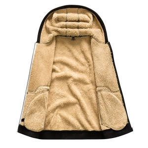 Men's winter hoodie with warm beige lamb wool lining and black outer fabric in size L