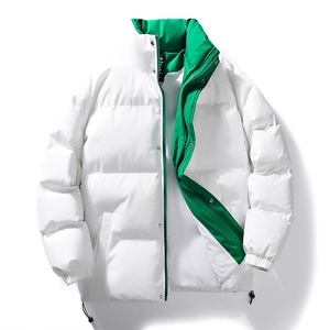 Winter stand-collar puffer jacket in white with vibrant green lining and drawstrings