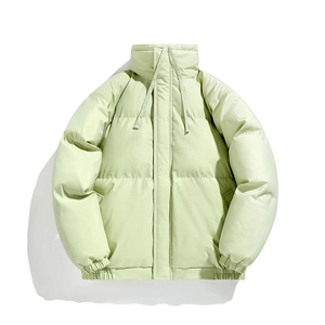 Men's minimalist loose puffer jacket in mint green with stand-up collar and drawstring