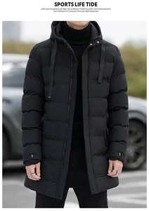 Detail of black mid-length hooded parka with horizontal quilting and zipper closure