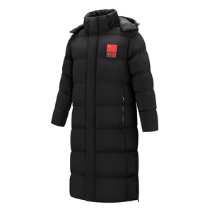 Long black hooded quilted winter coat for men with red Chinese flag patch and side pockets