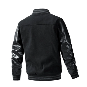Back view of classic men's varsity jacket featuring black wool body and leather sleeves