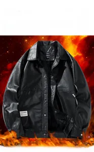 Detail of black PU leather jacket featuring warm fleece lining and stand collar with buttons