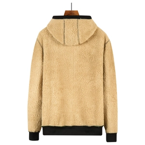 Men's khaki fleece hoodie with thick sherpa lining and black ribbed cuffs back view