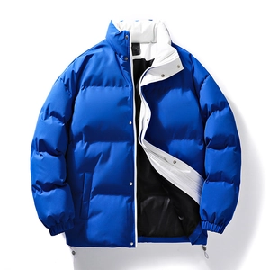 Winter men's bright blue stand collar padded puffer jacket with windproof fabric