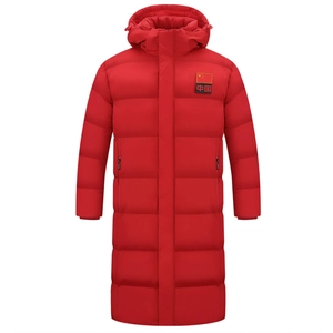Men's long red hooded padded winter coat with national flag patch and warm quilted design