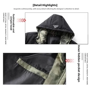 Detail view of winter hooded jacket featuring camo lining and functional inner hidden pocket