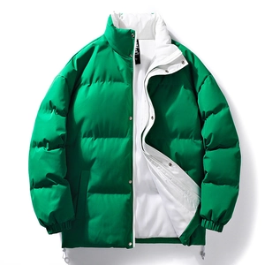 Winter puffer jacket with stand collar and contrast green shell with white lining