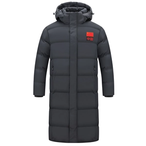 Deep grey long hooded winter parka for men with China national flag embroidery