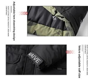 Detail of adjustable drawstring hem and velcro cuffs on black winter hooded jacket