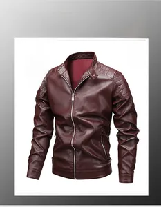 Close-up of wine red PU leather jacket featuring a stand collar and quilted shoulder details
