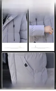 Detail view of hooded down jacket with water-resistant fabric and windproof cuffs