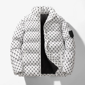 Winter padded puffer jacket with white B-letter monogram pattern and stand collar