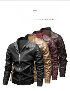 Detail of stand collar and ribbed shoulder on slim fit PU leather biker jackets