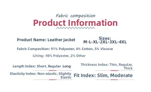 Detailed size chart and fabric specifications for men's PU leather motorcycle jacket