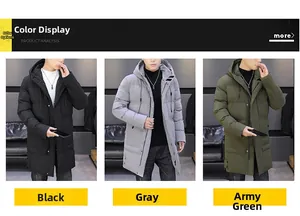 Mid-length hooded winter coat for men in black, grey, and army green color options