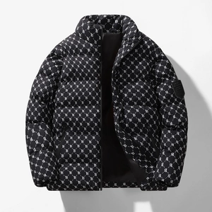 Winter black puffer jacket featuring white B-letter monogram pattern and windproof hood