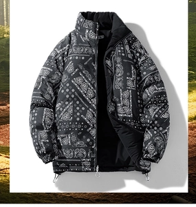 Detail of the reversible bandana paisley puffer jacket with adjustable hem drawstring