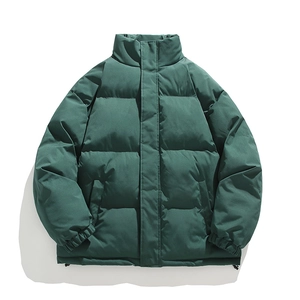Minimalist dark green puffer jacket with stand collar and quilted pattern for men