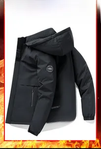 Detail of black hooded jacket featuring graphene thermal lining and logo on the sleeve