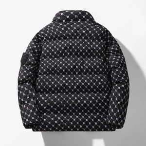 Winter puffer jacket for couples with B-letter pattern and windproof hooded design