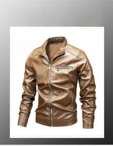 Detail of brown PU leather jacket featuring quilted shoulders and metallic zippers