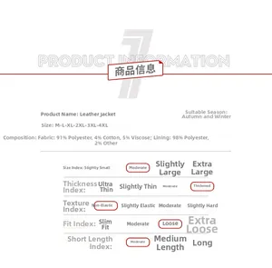 Detailed chart showing faux leather jacket fabric composition and size guide for men