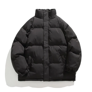 Minimalist black men's winter puffer jacket with stand collar and quilted warm padding