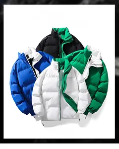 Detail view of winter padded jacket showing high collar and four color options with lining